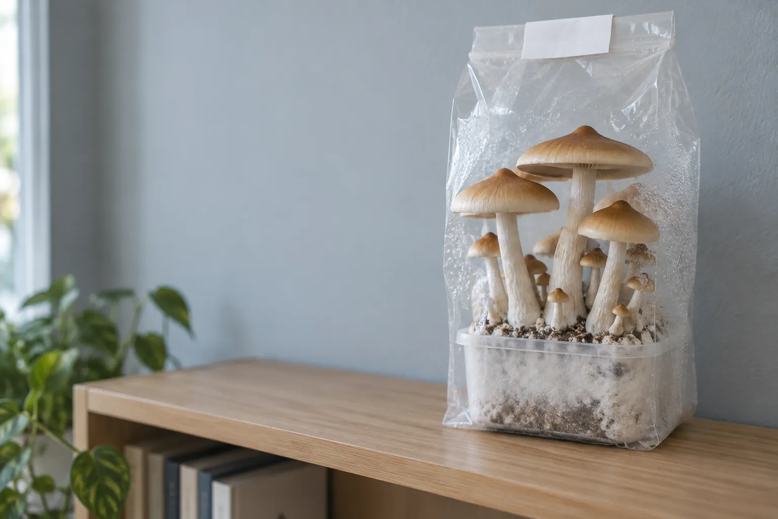 A grow kit in a clear filter bag on a bookshelf, with tall pale stems and large golden-brown caps